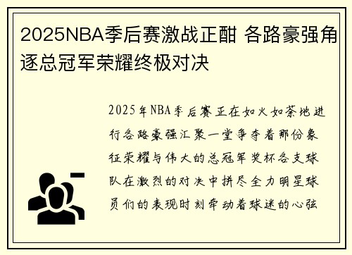 2025NBA季后赛激战正酣 各路豪强角逐总冠军荣耀终极对决