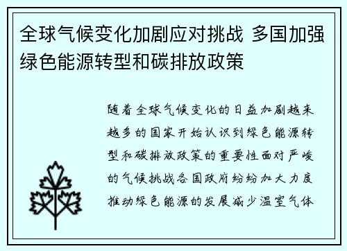 全球气候变化加剧应对挑战 多国加强绿色能源转型和碳排放政策